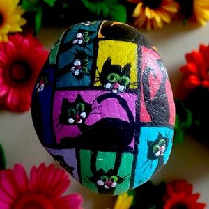 Hand crafted painted rock colorful windows black white tuxedo cats white stone